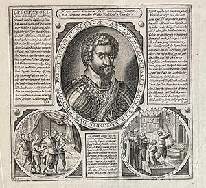 Antique engraving 1604 | Portrait and execution of Charles de Gontault, Hertog van Biron 1602, 1 p.