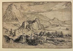 Seller image for Antique print, etching | Mountainous landscape with a house in the foreground, published 1608, 1 p. for sale by Antiquariaat Arine van der Steur / ILAB