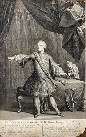 Original etching and engraving 1770 I Portret van toneelspeler Jan Punt als Achilles door Jan Pun...