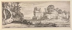 Antique print, etching | Ruins of a house and a herd playing the flute, published ca. 1615, 1 p.