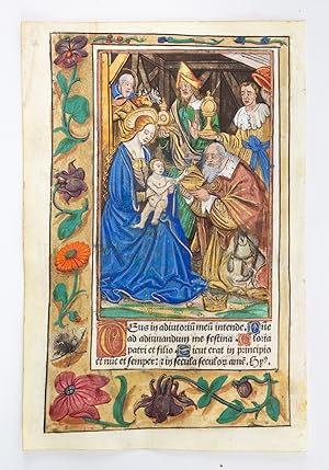 Bild des Verkufers fr FROM A BOOK OF HOURS IN LATIN, WITH A FULL-PAGE HAND-COLORED MINIATURE OF THE ADORATION OF THE MAGI zum Verkauf von Phillip J. Pirages Rare Books (ABAA)