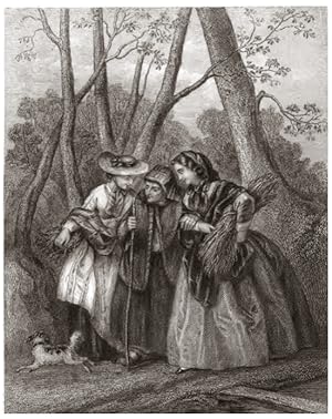 Victorian Girls helping an elderly woman,1864 Steel Engraving