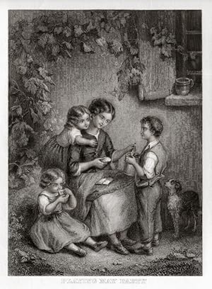 Mother and Children in Courtyard eating bread,Steel Engraving