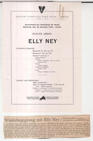 Seller image for Programmzettel: Elly Ney. Klavier-Abend 29. Oktober 1958 in der Staatlichen Hochschule fr Musik. - Mit Werken von Brahms und Beethoven. - for sale by Antiquariat Carl Wegner