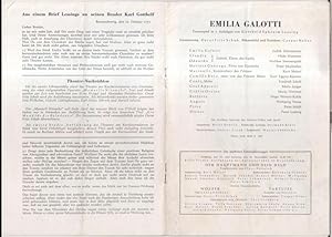 Bild des Verkufers fr Programmheft zu: Emilia Galotti. Trauerspiel von G. E. Lessing. - Inszenierung: Oscar Fritz Schuh. - Bhnenbild und Kostme: Caspar Neher. - Darsteller: Judith Holzmeister, Hilde Weissner, Walther Suessenguth, Peter Mosbacher, Kurt Meisel, Wolfgang Neuss u. a. - zum Verkauf von Antiquariat Carl Wegner