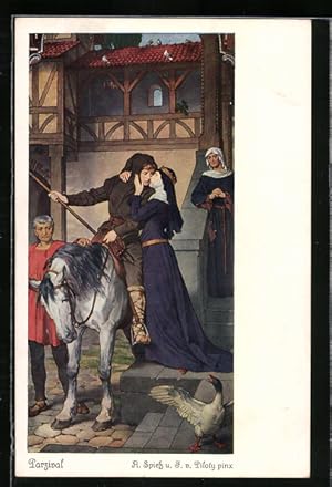 Bild des Verkufers fr Knstler-Ansichtskarte sign. A. Spiess: Abschied Parsivals von seiner Mutter zum Verkauf von Bartko-Reher