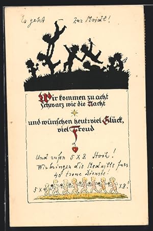 Bild des Verkufers fr Knstler-Ansichtskarte Georg Plischke: Wir kommen zu acht, schwarz wie die Nacht und wnschen heut viel Glck, viel Freud, Engel zum Verkauf von Bartko-Reher