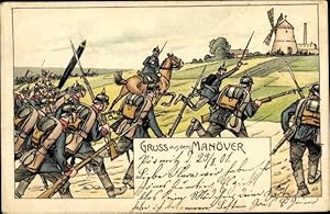 Litho Gruß aus dem Manöver, Infanteristen erstürmen einen Hügel, Windmühle