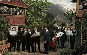 Ansichtskarte / Postkarte Musizierende Männer, Musikinstrumente, Liebespaar, Orchester - RundK/L ...