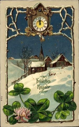 Ansichtskarte / Postkarte Glückwunsch Neujahr, Uhr, Glücksklee, Kirche