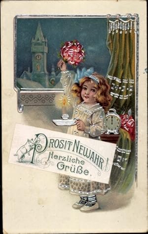 Präge Ansichtskarte / Postkarte Glückwunsch Neujahr, Mädchen mit Blumenstrauß, Kerze, Uhr