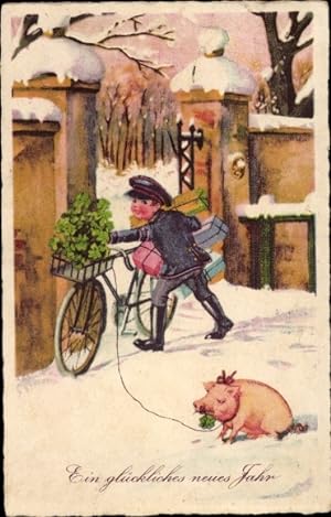 Ansichtskarte / Postkarte Glückwunsch Neujahr, Postbote, Fahrrad, Glücksklee, Schwein