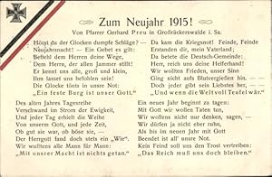 Ansichtskarte / Postkarte Glückwunsch Neujahr 1915, Patriotik, Fahne, Eisernes Kreuz, Pfarrer Ger...