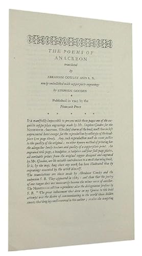 THE POEMS OF ANACREON translated by Abraham Cowley and S.B. newly embellished with copperplate en...