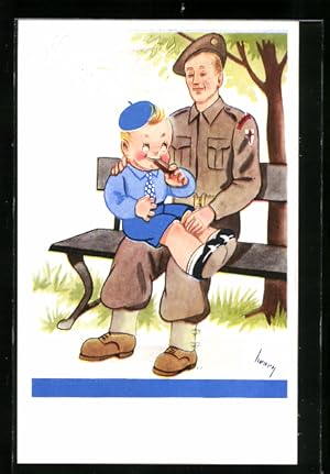 Künstler-Postcard Britischer Soldat hat seinen Sohn auf dem Schoss