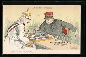 Künstler-Ansichtskarte Kaiser Wilhelm II. spielt Schach gegen einen französischen General