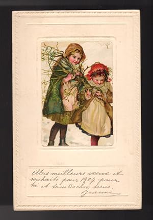 Embossed Girls Collecting Mistletoe Christmas Postcard