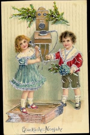 Glitzer Ansichtskarte / Postkarte Glückwunsch Neujahr, Kinder, Telefon, Tannenzweige