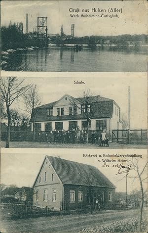 Ansichtskarte (b167) Hülsen Aller Werk Wilhelmine-Carisglück Schule Bäckerei Kolonialwarenhandlun...