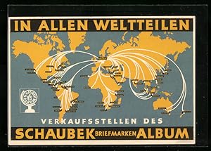 Ansichtskarte Schaubek Briefmarken Album Weltkarte mit Verkaufsstellen