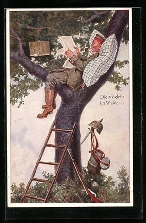 Seller image for Knstler-Ansichtskarte H.S.B.: Die Vglein im Walde - Soldat mit Zeitung und Vogelkfig auf einem Baum for sale by Bartko-Reher