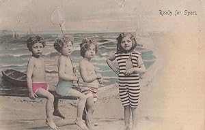 Ready For Sport Children in Edwardian Swimming Fashion Fishing Old Postcard