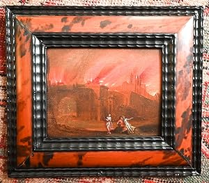Original-Gemälde, Öl auf Holz. Lot und seine Töchter vor der brennenden Stadt.