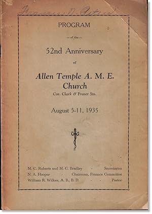 Bild des Verkufers fr Program of the 52nd Anniversary of Allen Temple A.M.E. Church August 5-11, 1935 zum Verkauf von Kenneth Mallory Bookseller ABAA