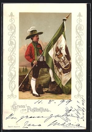 Cartolina Pusterthaler in Tracht mit einer Flagge