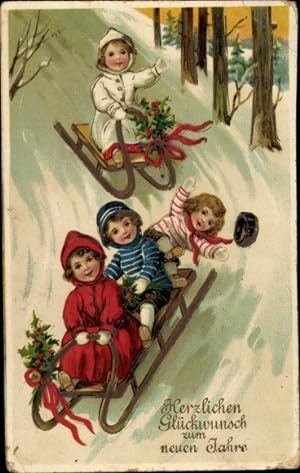 Ansichtskarte / Postkarte Glückwunsch Neujahr, Kinder, Schlittenfahrt, Stechpalme