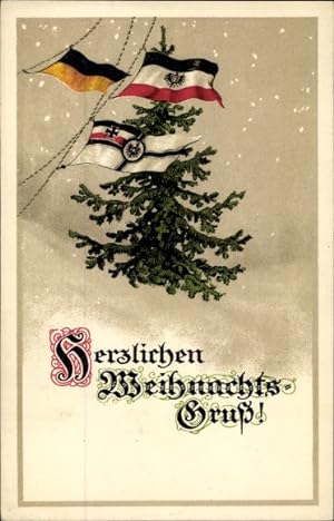 Ansichtskarte / Postkarte Glückwunsch Weihnachten, Tannenbaum, Schneefall, Fahnen