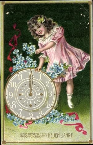 Ansichtskarte / Postkarte Glückwunsch Neujahr, Mädchen, Uhr, Vergissmeinnicht