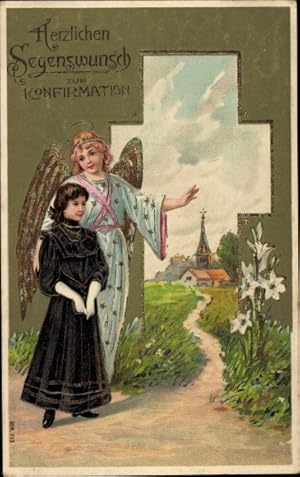 Präge Ansichtskarte / Postkarte Glückwunsch Konfirmation, Engel, Mädchen, Kirche