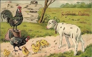 Präge Künstler Ansichtskarte / Postkarte Glückwunsch Ostern, Lamm, Hühner, Küken