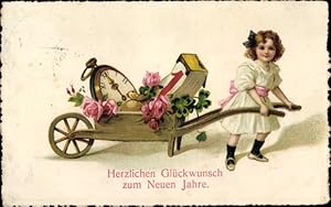 Ansichtskarte / Postkarte Glückwunsch Neujahr, Mädchen, Schubkarre, Uhr, Glücksklee, Kalender