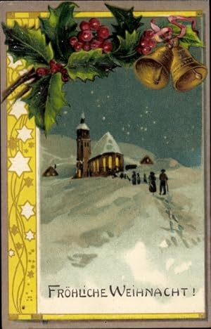 Präge Ansichtskarte / Postkarte Glückwunsch Weihnachten, Kirche, Stechpalme, Glocken