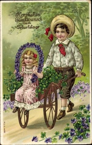 Präge Ansichtskarte / Postkarte Glückwunsch Geburtstag, Kinder, Schubkarre, Glücksklee, Blumen