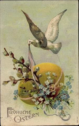 Präge Ansichtskarte / Postkarte Glückwunsch Ostern, Taube, Osterei, Vergissmeinnicht, Weidenkätzchen