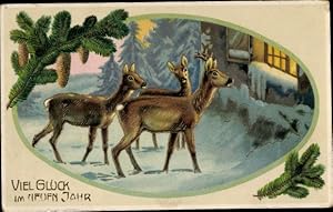 Ansichtskarte / Postkarte Glückwunsch Neujahr, Rehe, Hirsch, Tannenzweige