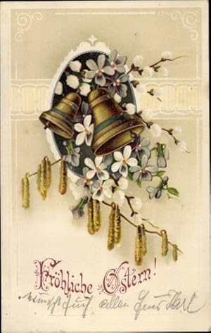 Präge Ansichtskarte / Postkarte Glückwunsch Ostern, Blumen, Glocken