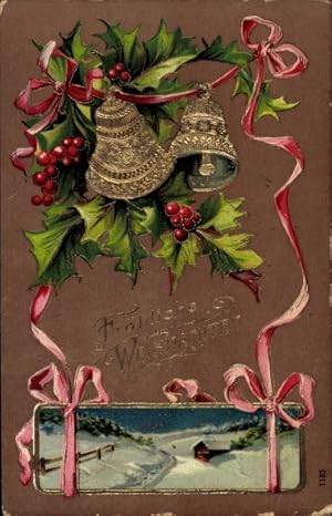 Präge Ansichtskarte / Postkarte Glückwunsch Weihnachten, Glocken, Stechpalme, Schleife