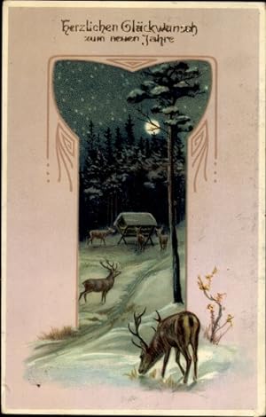 Mondschein Ansichtskarte / Postkarte Glückwunsch Neujahr, Hirsche, Fütterung
