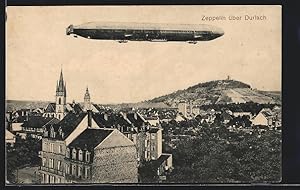 Ansichtskarte Durlach, Zeppelin fliegt über den Ort