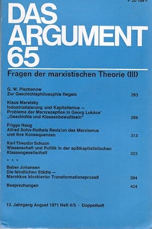 Bild des Verkufers fr Das Argument. Zeitschrift fr Philosophie und Sozialwissenschaften. Nr. 65 (13. Jahrgang. August 1971. Doppelheft. Fragen der marxistischen Theorie. III). zum Verkauf von Schrmann und Kiewning GbR