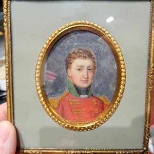 Peninsula War Period Miniature OIL painting c1815. Military Officer in red and gold uniform, gilt...