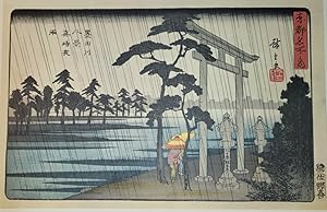 Immagine del venditore per One of the Famous Places in the Eastern Capital Eight Views on the Sumida River: Night Rain at Masaki. [Folding cardboard with art print of Japanese woodblock]. Signed " Hiroshige ga," with artist's seal reading " Ichiryusai"; publisher's seal reading "Sanoki," and censor's seal. venduto da Fundus-Online GbR Borkert Schwarz Zerfa