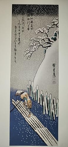 Bild des Verkufers fr The Four Seasons   Views of Famous Places in the Capital: The Sumida River in Winter. [Folding cardboard with art print of Japanese woodblock]. Signed "Hiroshige ga"; publisher s seal reading "Kawa Sho," and censor s seal. zum Verkauf von Fundus-Online GbR Borkert Schwarz Zerfa