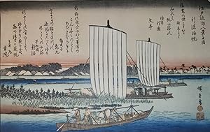 Bild des Verkufers fr Eight Views of Environs of Edo   Returning Sails at Gyo-toku. [Folding cardboard with art print of Japanese woodblock]. Signed "Hiroshige ga"; publisher s seal reading "Kikaku," and censor s seal. zum Verkauf von Fundus-Online GbR Borkert Schwarz Zerfa