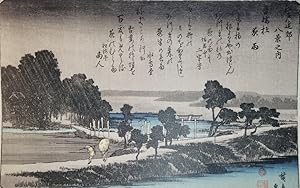 Bild des Verkufers fr Eight Views of Environs of Edo   Night Rain at Azuma Woods. [Folding cardboard with art print of Japanese woodblock]. Signed "Hiroshige ga"; publisher s seal of Kikakudo reading "Kikaku," and censor s seal. zum Verkauf von Fundus-Online GbR Borkert Schwarz Zerfa