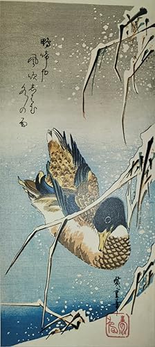 Bild des Verkufers fr Wild Duck in Snow. [Folding cardboard with art print of Japanese woodblock]. Signed "Hiroshige hitsu" with artist s seal reading "Jufuku". zum Verkauf von Fundus-Online GbR Borkert Schwarz Zerfa